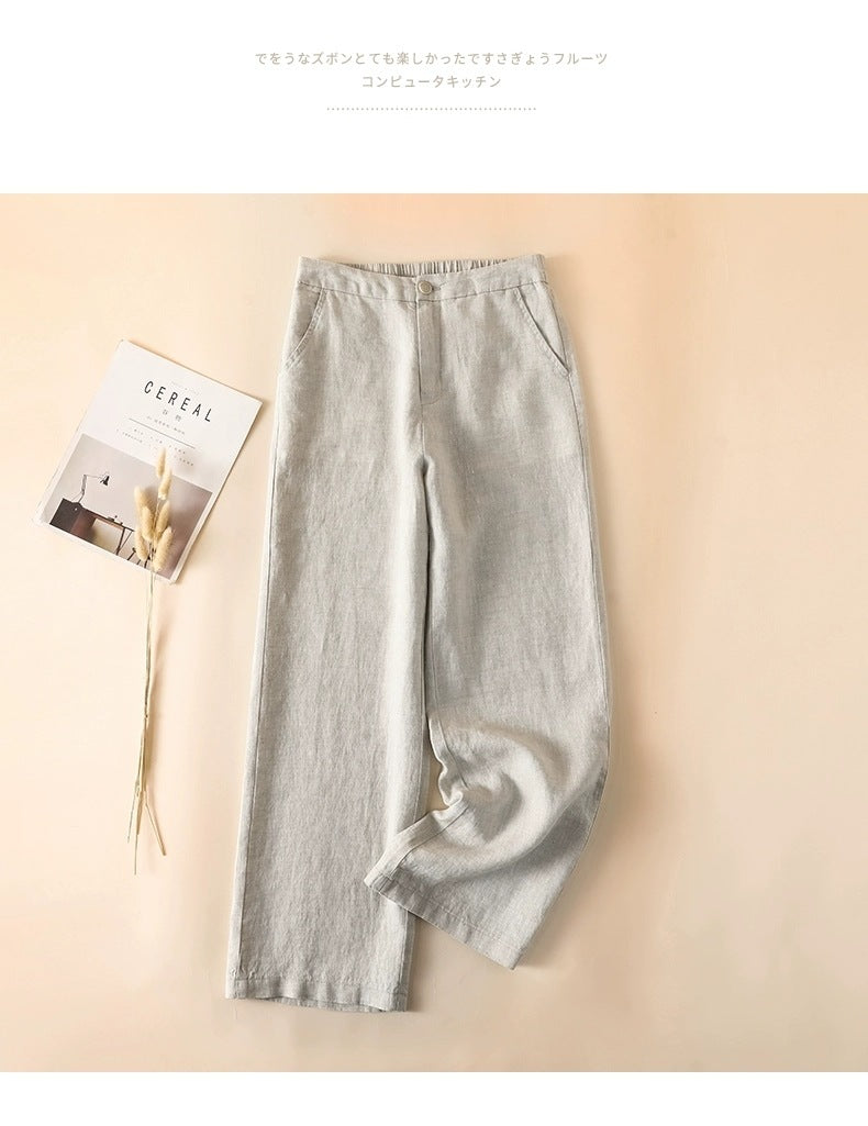 Solid Color Linen Wide-Leg Women's Pants 2023 Summer Loose Slimming Drapey High-Waisted Straight Nine-Point Length Leg-Lengthening