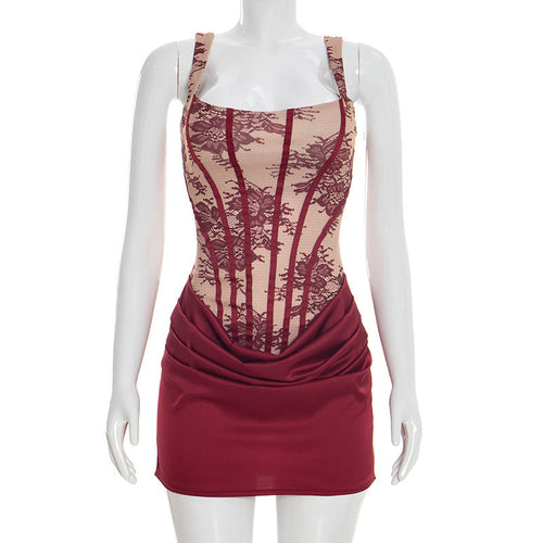 Women Clothing Spring Summer Square Collar Lace Printed Line Stitching
