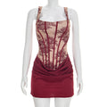 Women Clothing Spring Summer Square Collar Lace Printed Line Stitching