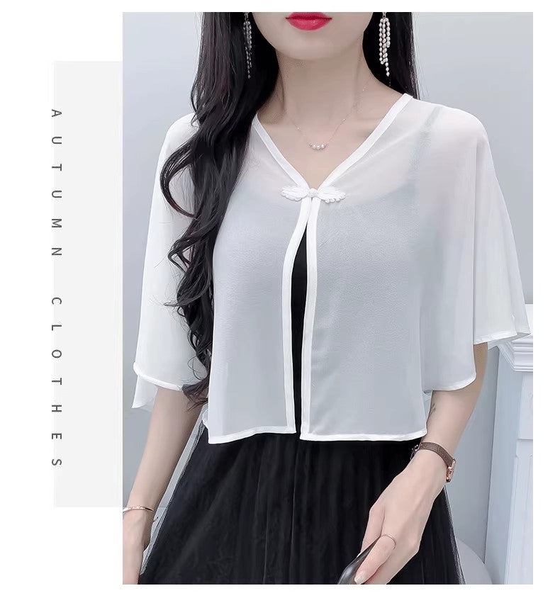 Thin Small Shawl Summer Dress with Sling Skirt Air-conditioning Shirt Women's Cardigan Outer Chiffon Ethnic Style Silver Buckle Small Coat