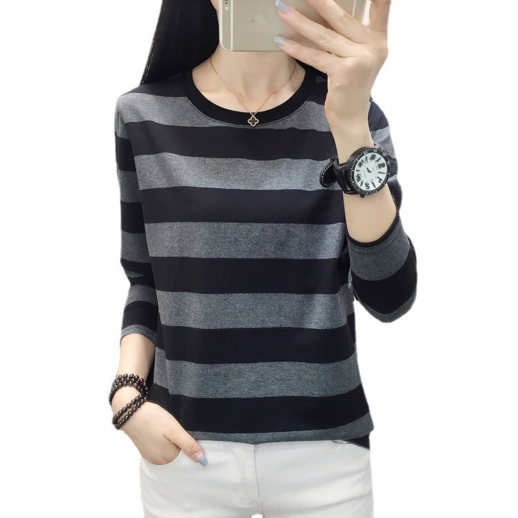 Autumn chubby girl Plus Size Large Size Loose Cotton Long-sleeved T-shirt Women's Middle-aged Mother Base Shirt Striped Top