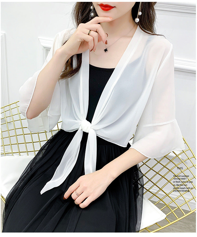 Sunscreen Cardigan Women's Spring and Summer Shawl Outer Blouse Thin Jacket with Sling Skirt Chiffon Small Waistcoat