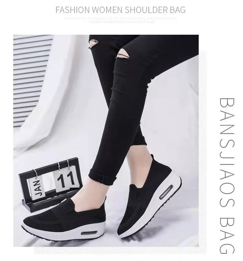 Women's Sports Shoes Cross-Border Foreign Trade 2026 New Model Thick-Soled Air-Cushioned Casual Shoes Mesh Slip-On Height-Increasing Walking Shoes for Women