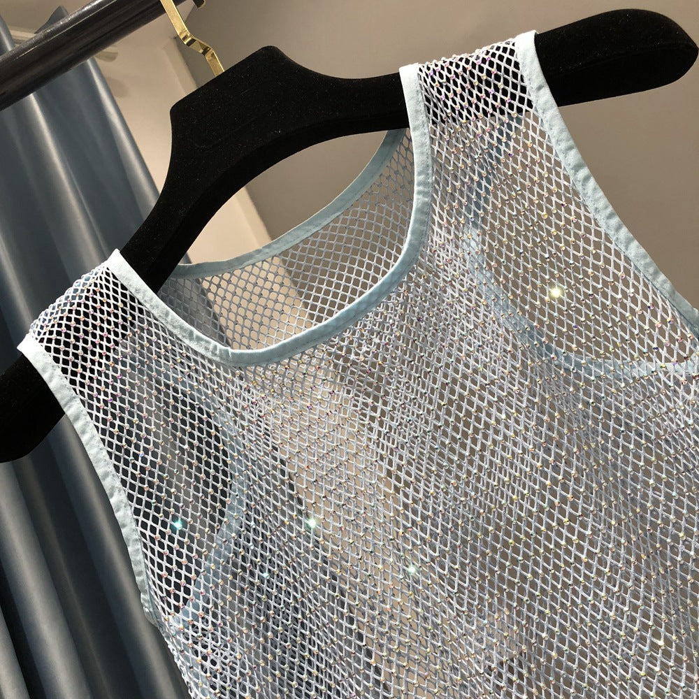 Summer new net diamond crystal I-shaped vest AB colored diamond short version party bling shiny exposed waist top