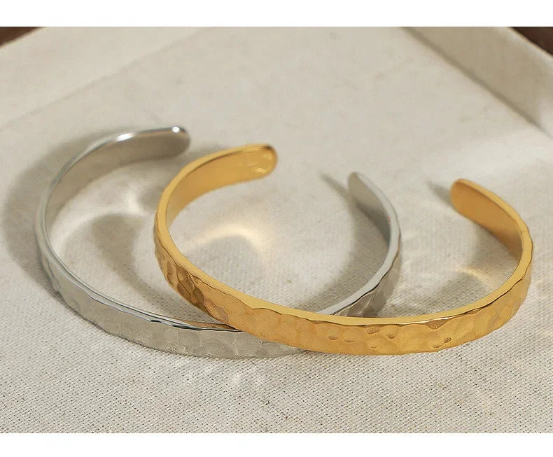 Casual Style Personalized Geometric Jewelry Niche Hammered Texture Design Titanium Steel Gold-Plated Open Bracelet Titanium Steel Bracelet