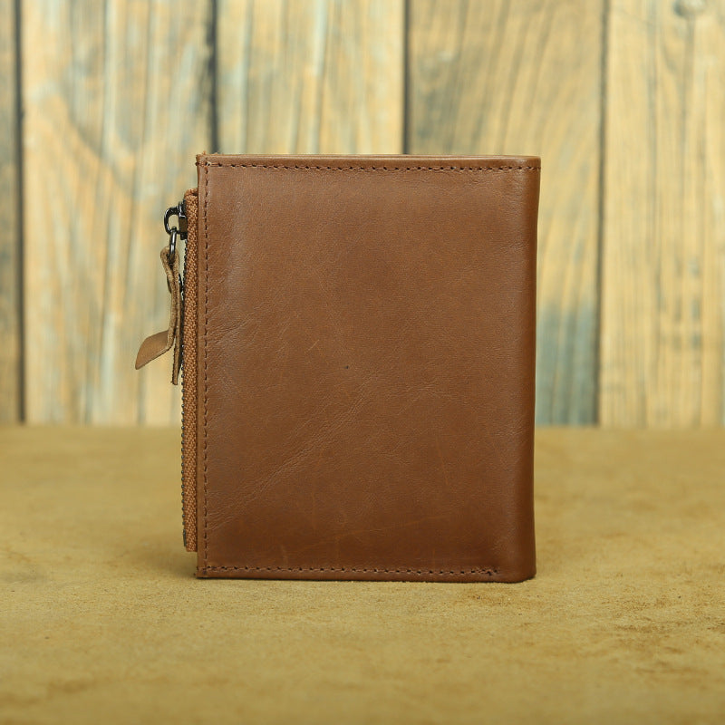 Shikangxin Vintage Genuine Leather Wallet Men's Short Wallet Multifunctional Zipper Bag Casual Oil Wax Cowhide Wallet