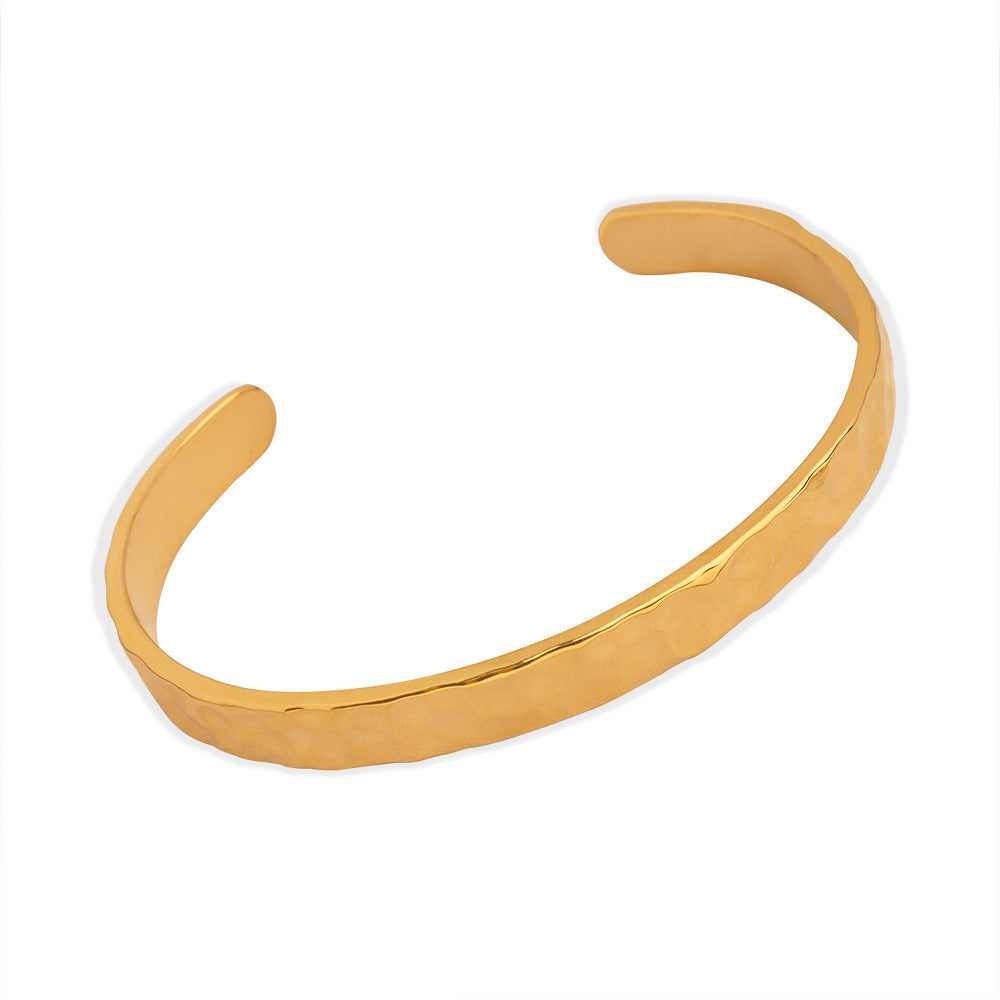 Casual Style Personalized Geometric Jewelry Niche Hammered Texture Design Titanium Steel Gold-Plated Open Bracelet Titanium Steel Bracelet