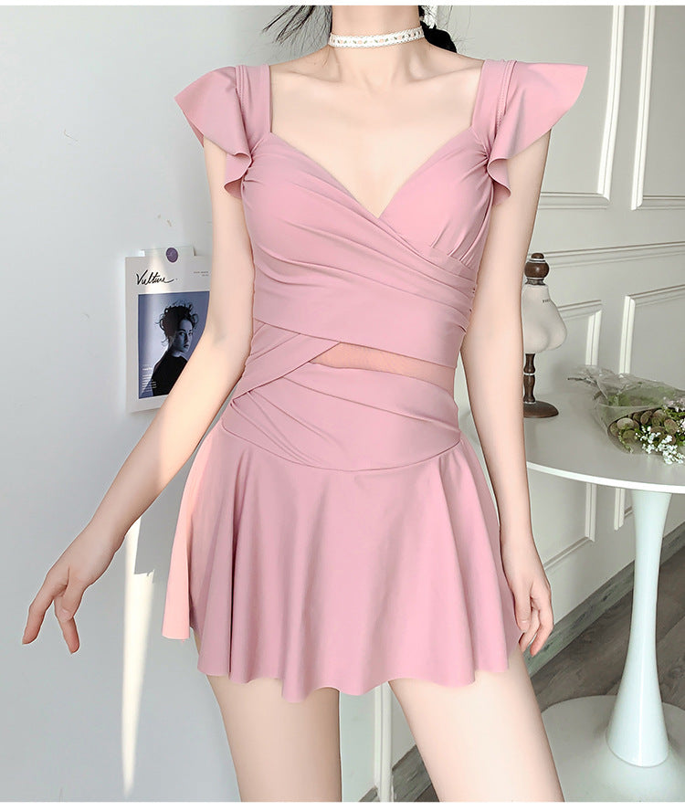 2025 New Swimsuit for Women, Belly-Covering, Slimming Look, One-Piece Skirt-Style Steel Support Push-Up Student Conservative Hot Spring Swimsuit