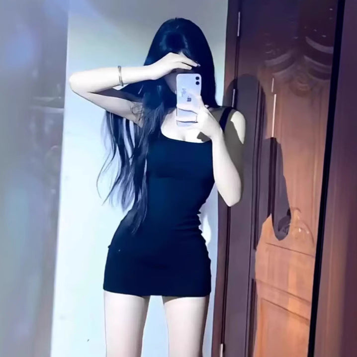Sister-Style Little Black Dress, Waist Slimming Suspender Skirt, Hip-Covering Skirt, Pure Lust Hot Girl Square-Neck Tight Dress, Women's New Summer Style