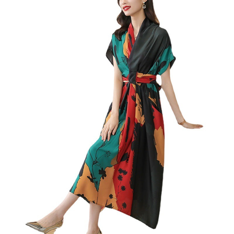 Simple Style Women's High-end Tea Break French dress Summer Short-sleeved 2022 Elegant Printed Large Dress