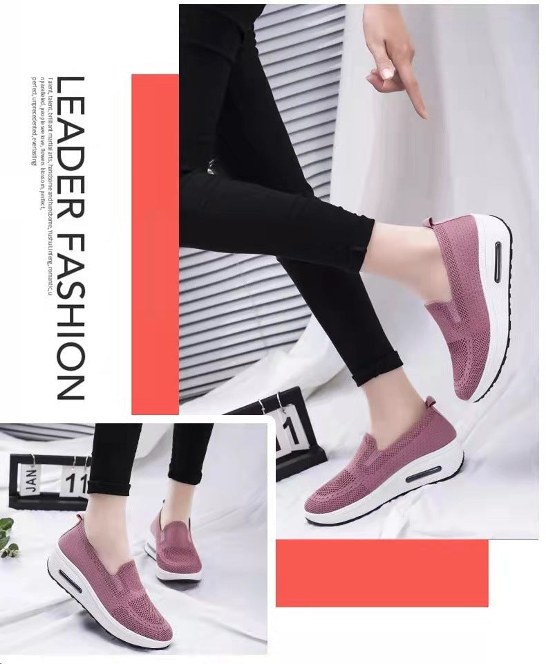 Women's Sports Shoes Cross-Border Foreign Trade 2026 New Model Thick-Soled Air-Cushioned Casual Shoes Mesh Slip-On Height-Increasing Walking Shoes for Women