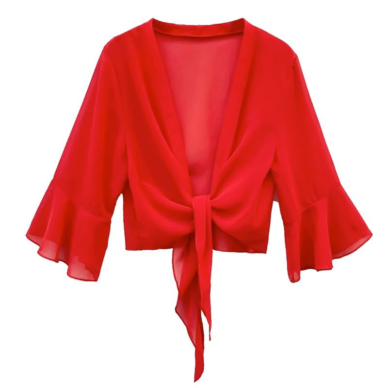 Sunscreen Cardigan Women's Spring and Summer Shawl Outer Blouse Thin Jacket with Sling Skirt Chiffon Small Waistcoat
