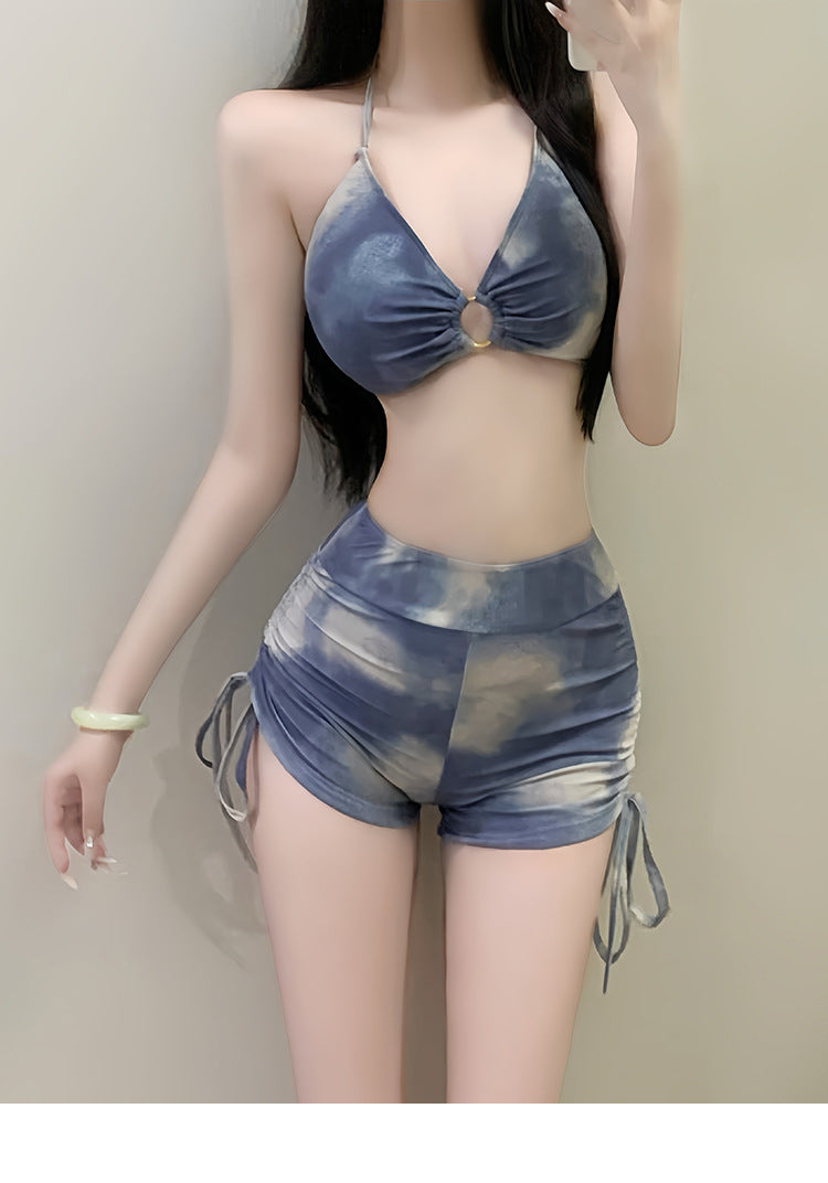 Hot Spring Swimsuit Women's Holiday American Tie-Dye Blue Three-Point Sports Split Flat-Angle Bikini Blouse Three-Piece Set