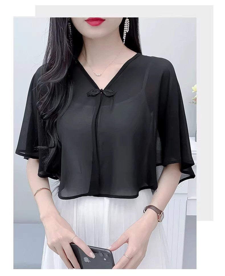 Thin Small Shawl Summer Dress with Sling Skirt Air-conditioning Shirt Women's Cardigan Outer Chiffon Ethnic Style Silver Buckle Small Coat