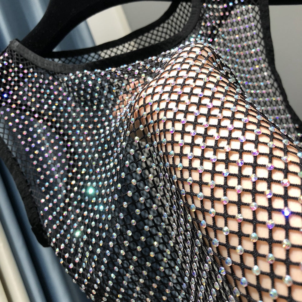 Summer new net diamond crystal I-shaped vest AB colored diamond short version party bling shiny exposed waist top