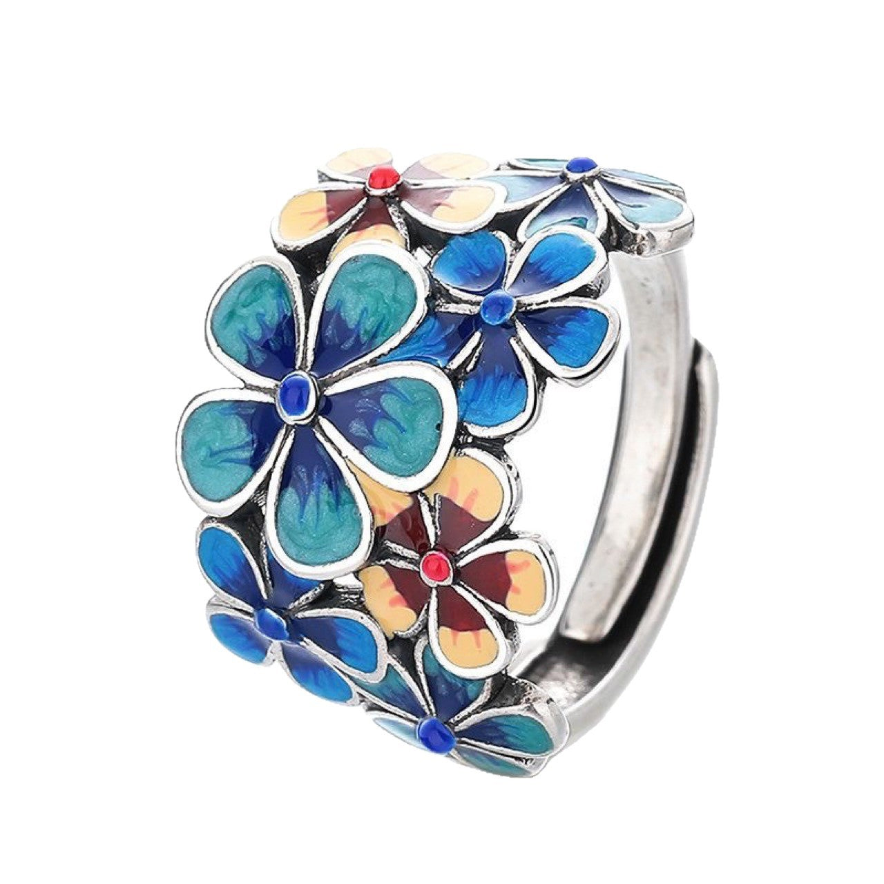 Chinese Style Blooming Flower Ring for Women, Retro Ethnic Style Open Adjustable Creative Index Finger Ring
