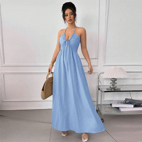 Summer Blue Halter Backless Dress Lace up Waist Slimming Seaside