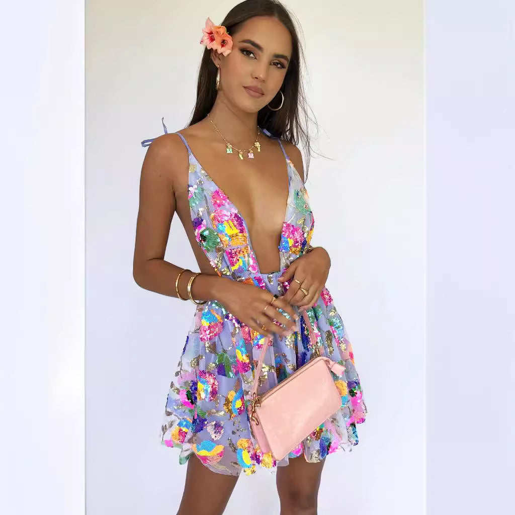 2023 Export Cross-Border Hot Selling Amazon Hot Selling Sexy Deep V Backless Sequined Floral Lace Women's Sexy Short Clothing