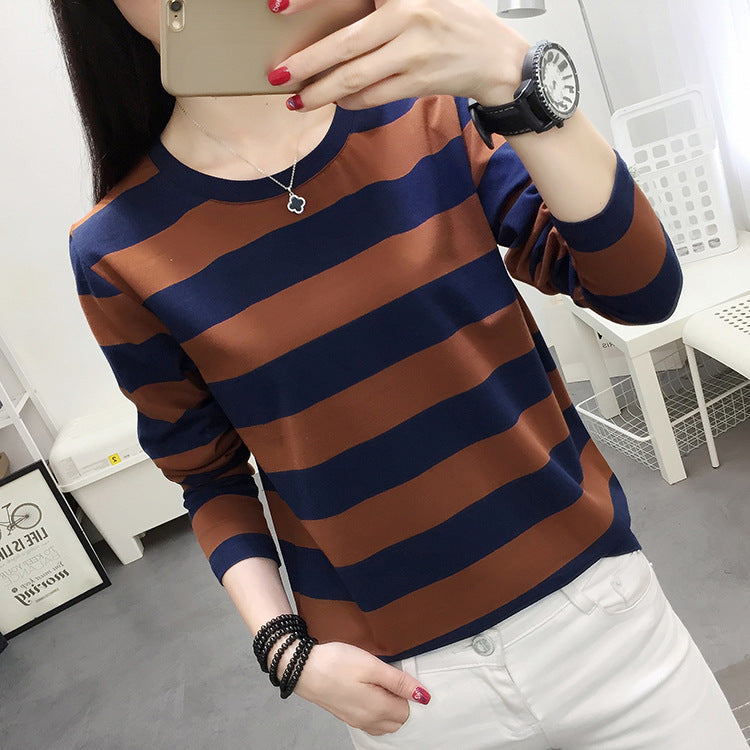 Autumn chubby girl Plus Size Large Size Loose Cotton Long-sleeved T-shirt Women's Middle-aged Mother Base Shirt Striped Top