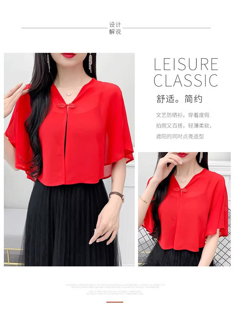 Thin Small Shawl Summer Dress with Sling Skirt Air-conditioning Shirt Women's Cardigan Outer Chiffon Ethnic Style Silver Buckle Small Coat