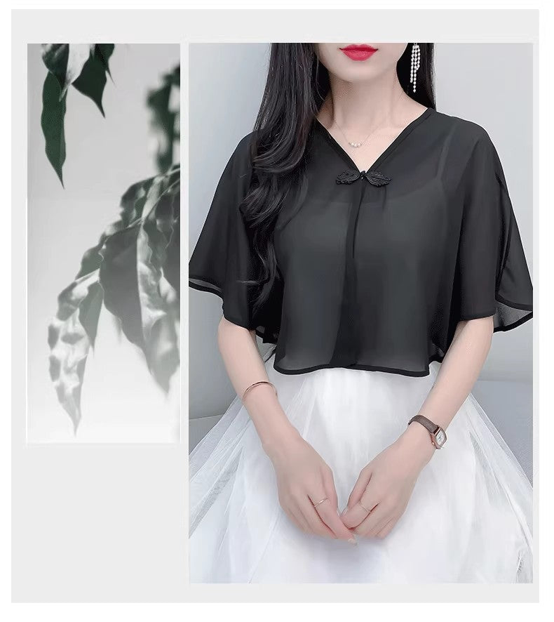 Thin Small Shawl Summer Dress with Sling Skirt Air-conditioning Shirt Women's Cardigan Outer Chiffon Ethnic Style Silver Buckle Small Coat