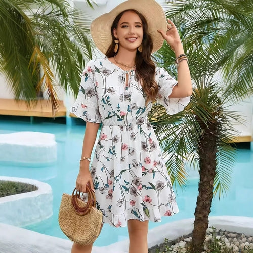 V neck Lace up Floral Dress Women Clothing Summer Clothes Design Short