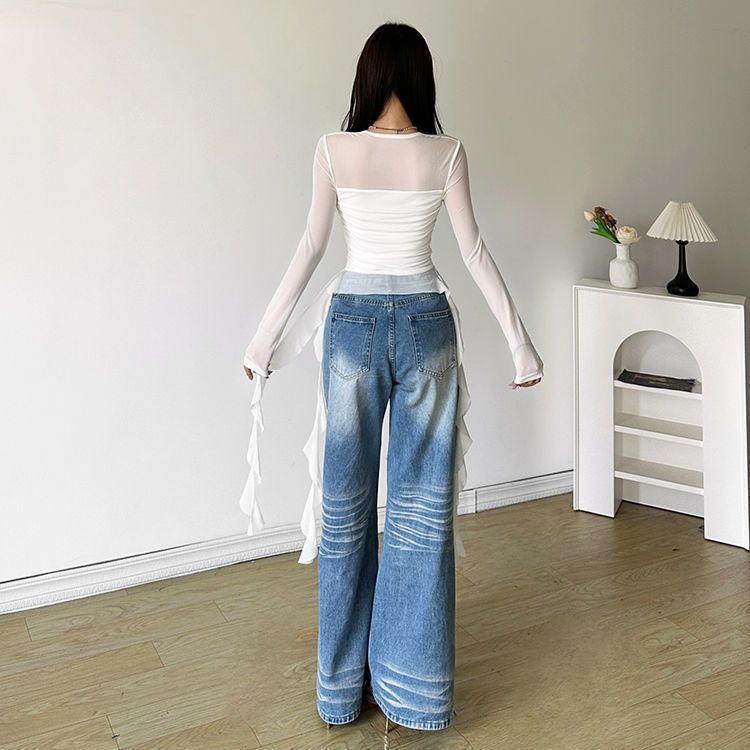 Irregular Ruffled Strap Shoulder T-shirt Women's Early Autumn Niche Design Sense Slim-fit Slimming Hot Girl Sexy Top