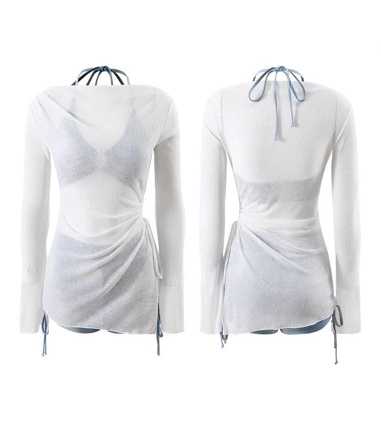 Hot Spring Swimsuit Women's Holiday American Tie-Dye Blue Three-Point Sports Split Flat-Angle Bikini Blouse Three-Piece Set