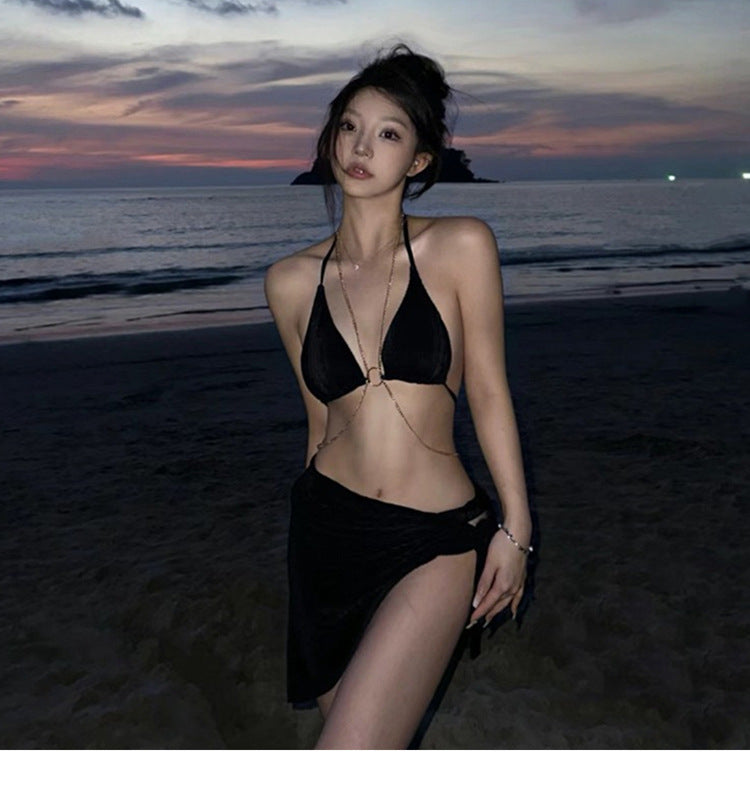 Black Chain Swimsuit Women's Bikini Three-Piece Split Beautiful Back Swimsuit Hot Spring Beach Vacation Halter Sexy