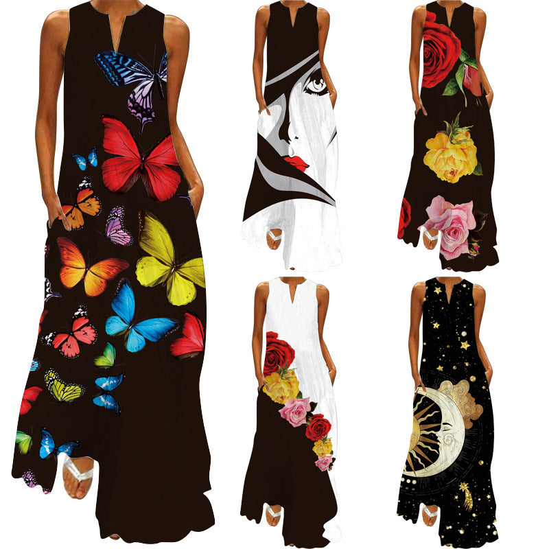 Cross-Border Women's Clothing Amazon Ebay 2026 New European and American Spring and Summer Fashion Printed Sexy Pocketed Long Dress