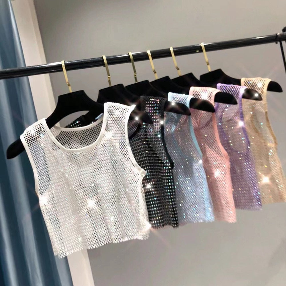 Summer new net diamond crystal I-shaped vest AB colored diamond short version party bling shiny exposed waist top