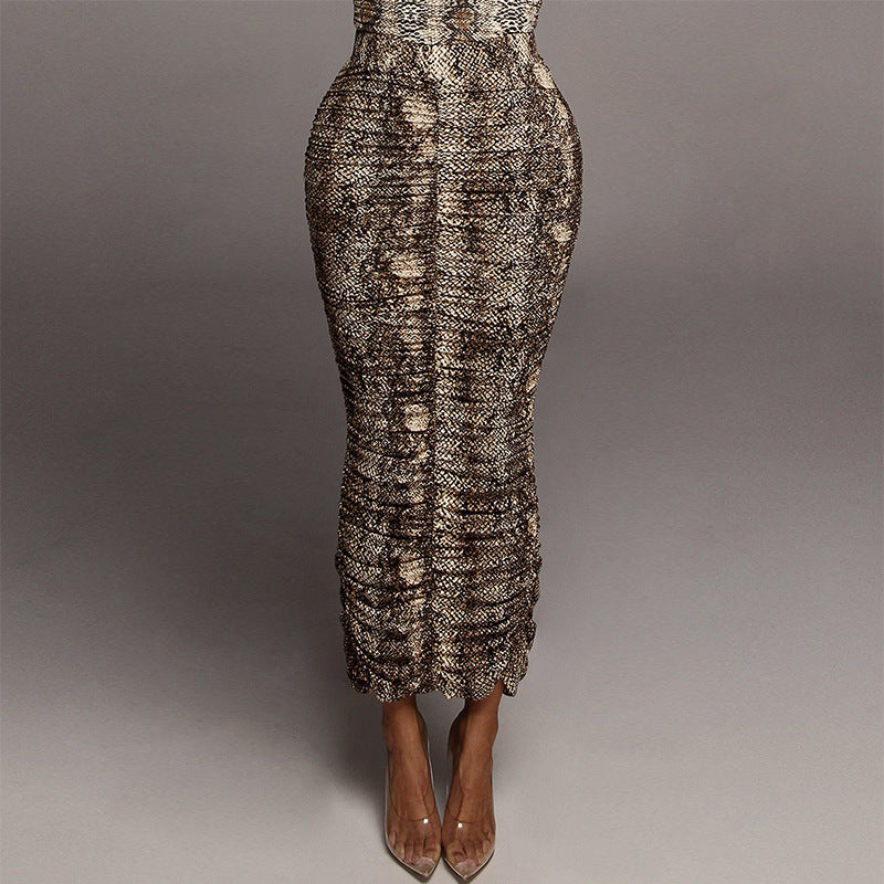 2025 Spring and Summer New High-Waisted Leopard Print Skirt European and American Fashion Sexy Tight Pleated Slit Mid-Length Skirt