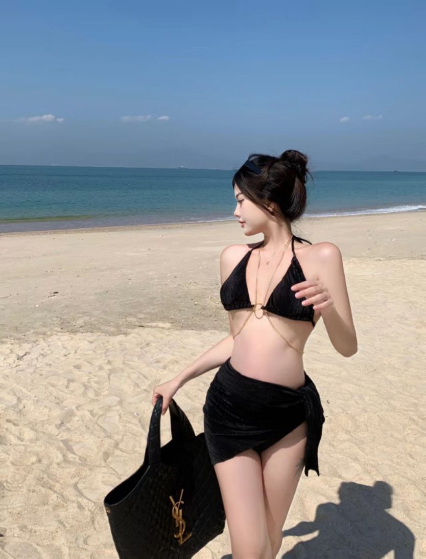 Black Chain Swimsuit Women's Bikini Three-Piece Split Beautiful Back Swimsuit Hot Spring Beach Vacation Halter Sexy