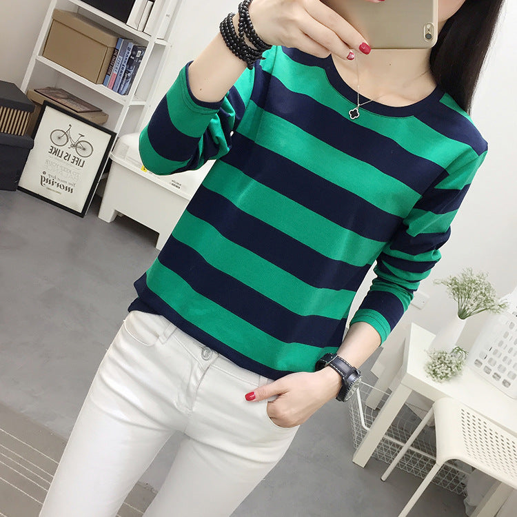 Autumn chubby girl Plus Size Large Size Loose Cotton Long-sleeved T-shirt Women's Middle-aged Mother Base Shirt Striped Top