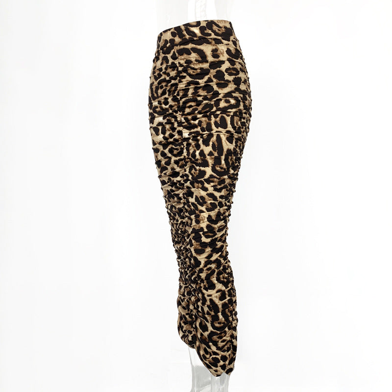 2025 Spring and Summer New High-Waisted Leopard Print Skirt European and American Fashion Sexy Tight Pleated Slit Mid-Length Skirt