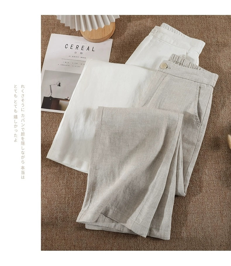 Solid Color Linen Wide-Leg Women's Pants 2023 Summer Loose Slimming Drapey High-Waisted Straight Nine-Point Length Leg-Lengthening