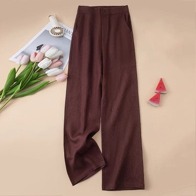 Solid Color Linen Wide-Leg Women's Pants 2023 Summer Loose Slimming Drapey High-Waisted Straight Nine-Point Length Leg-Lengthening