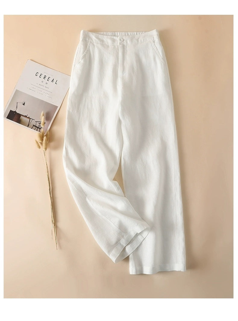 Solid Color Linen Wide-Leg Women's Pants 2023 Summer Loose Slimming Drapey High-Waisted Straight Nine-Point Length Leg-Lengthening