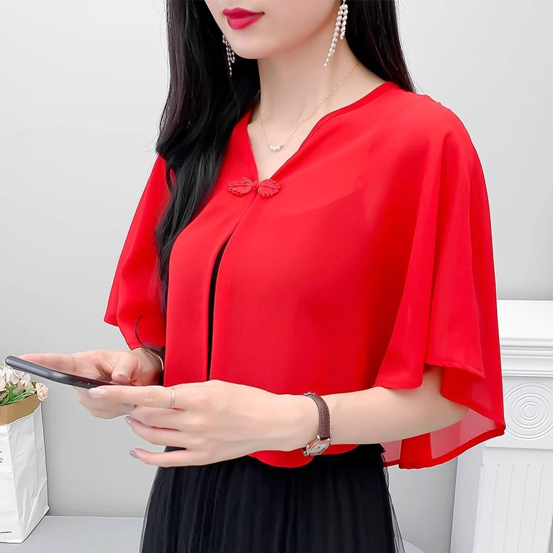 Thin Small Shawl Summer Dress with Sling Skirt Air-conditioning Shirt Women's Cardigan Outer Chiffon Ethnic Style Silver Buckle Small Coat