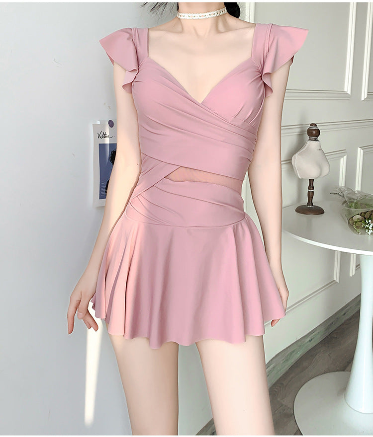2025 New Swimsuit for Women, Belly-Covering, Slimming Look, One-Piece Skirt-Style Steel Support Push-Up Student Conservative Hot Spring Swimsuit