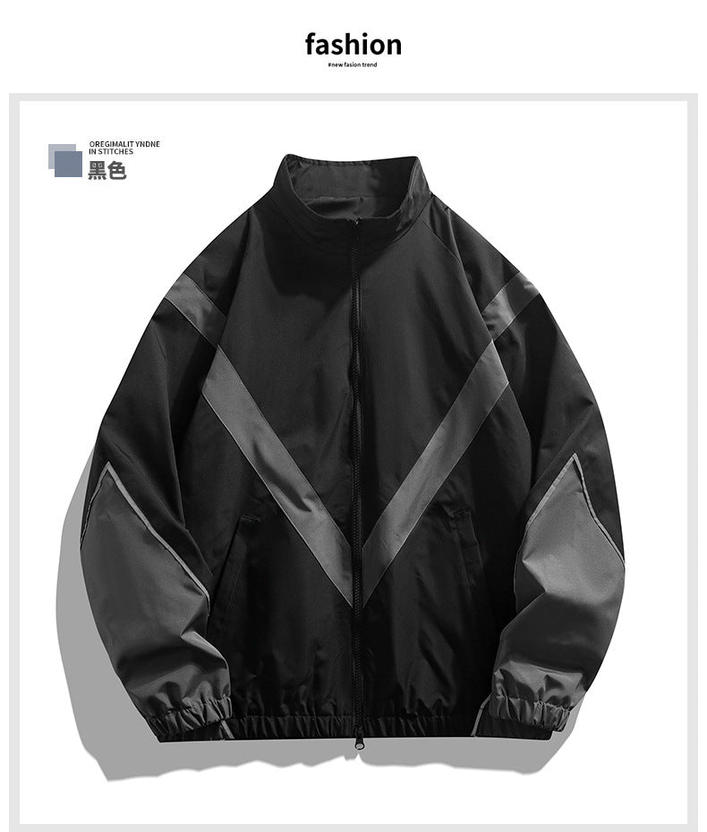 Russian Foreign Trade Trendy Brand Reflective Patchwork Stand-Up Collar Jacket Spring and Autumn Loose Sports Casual Jacket for Men