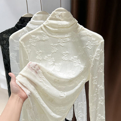 Spring Summer Women Clothing Solid Color Lace High Collar Long Sleeve