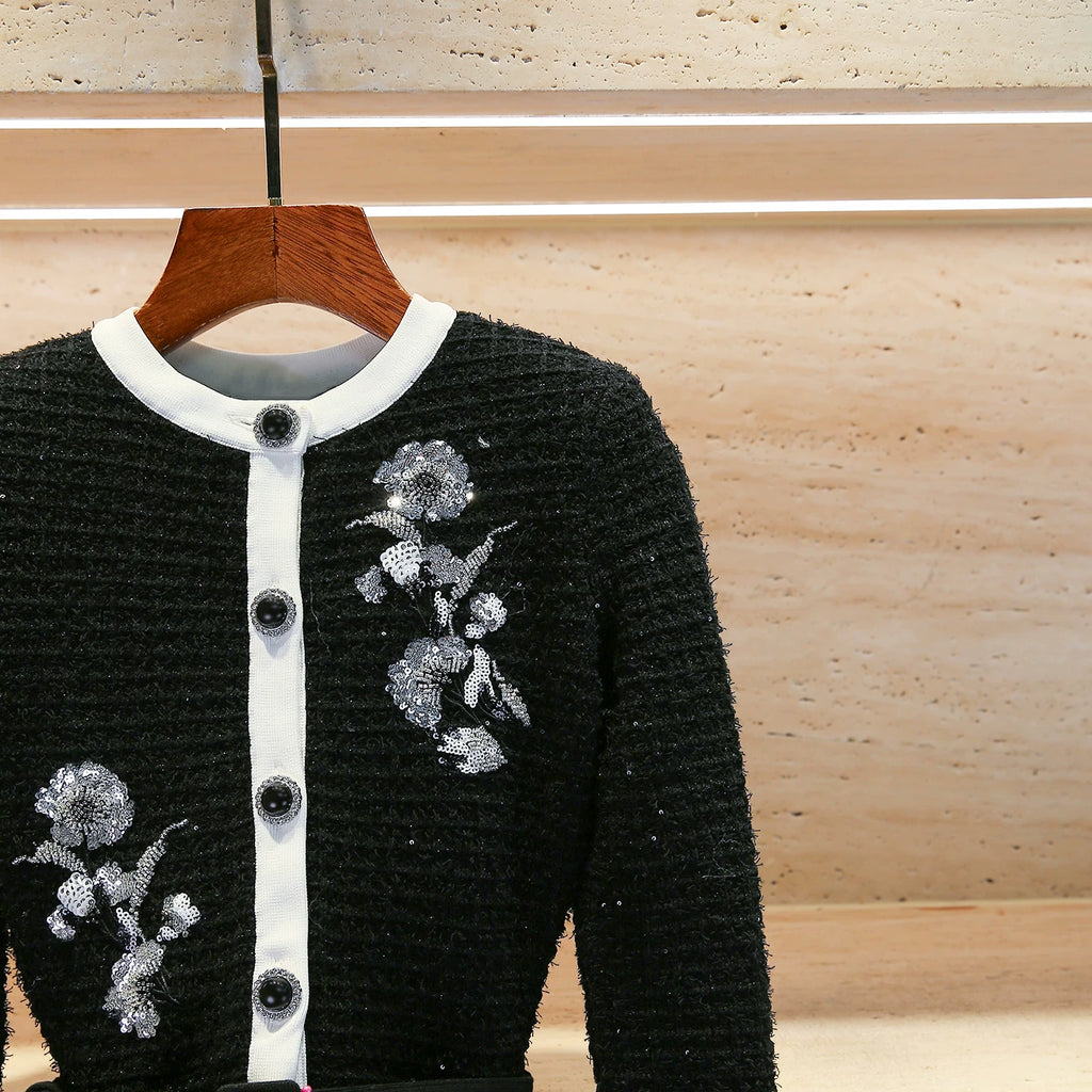 CHUJIE 2025 Autumn/winter New Fake Two-piece Design, Long-sleeved Round-neck, Floral Embroidery, Ruffle Decoration Knitted Dress