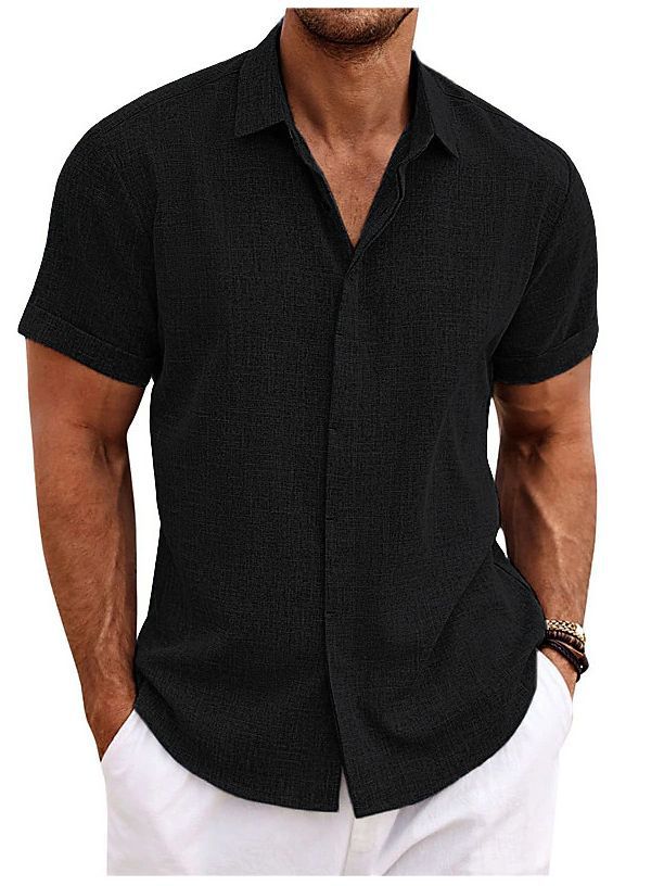 European and American Men's Double Placket Cotton Linen Cardigan Short-sleeved high quality Shirt Summer Home Short-sleeved Lapel Shirt Cross-border