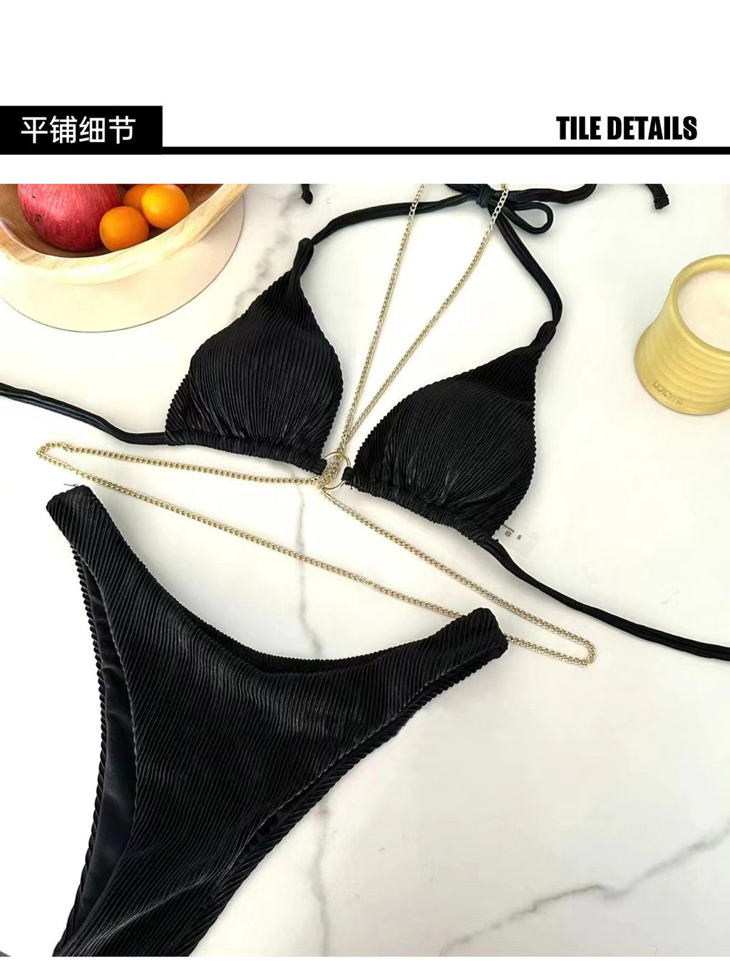 Black Chain Swimsuit Women's Bikini Three-Piece Split Beautiful Back Swimsuit Hot Spring Beach Vacation Halter Sexy