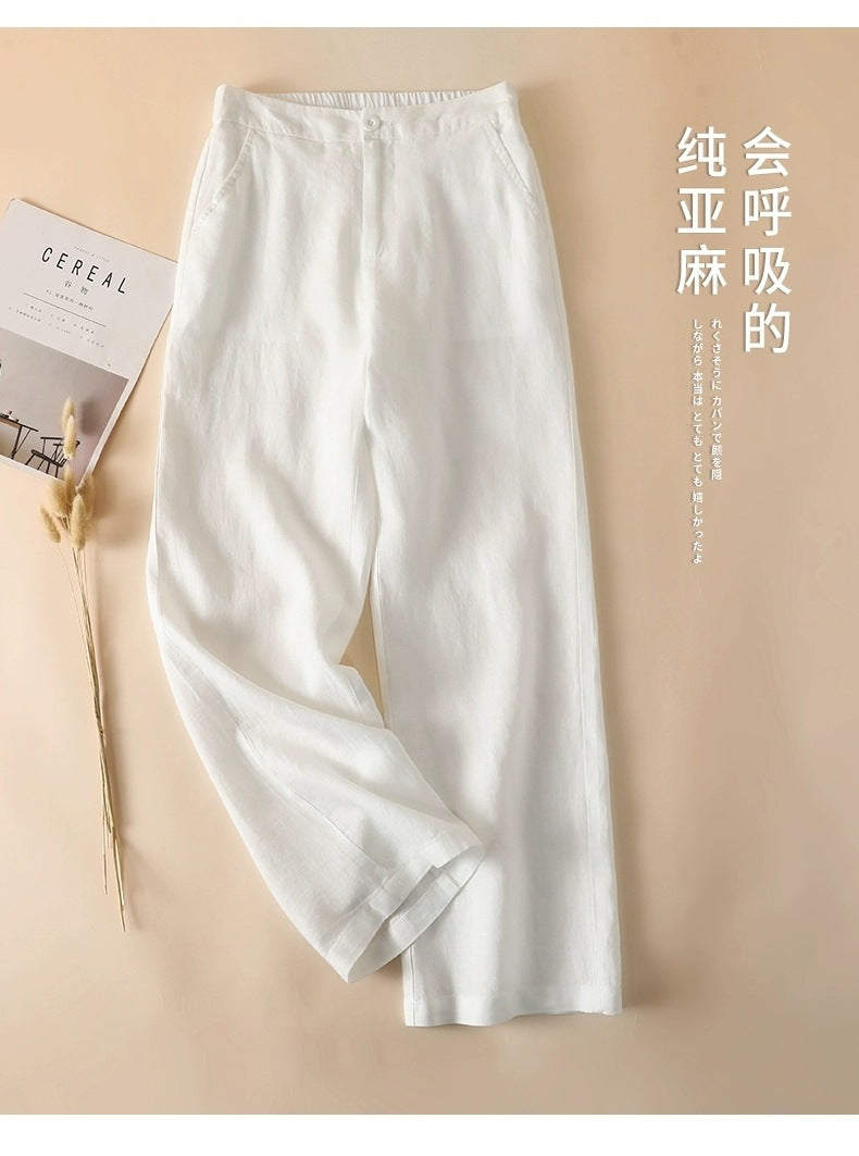 Solid Color Linen Wide-Leg Women's Pants 2023 Summer Loose Slimming Drapey High-Waisted Straight Nine-Point Length Leg-Lengthening