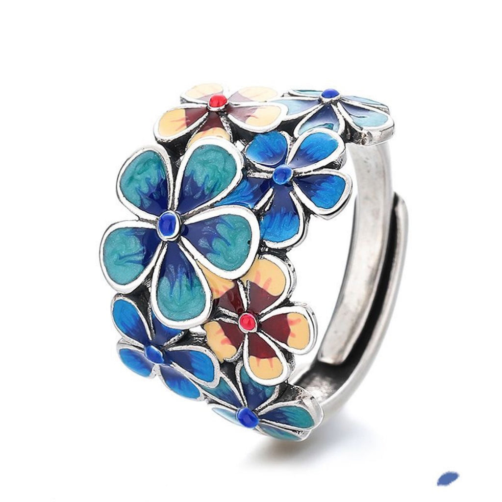 Chinese Style Blooming Flower Ring for Women, Retro Ethnic Style Open Adjustable Creative Index Finger Ring