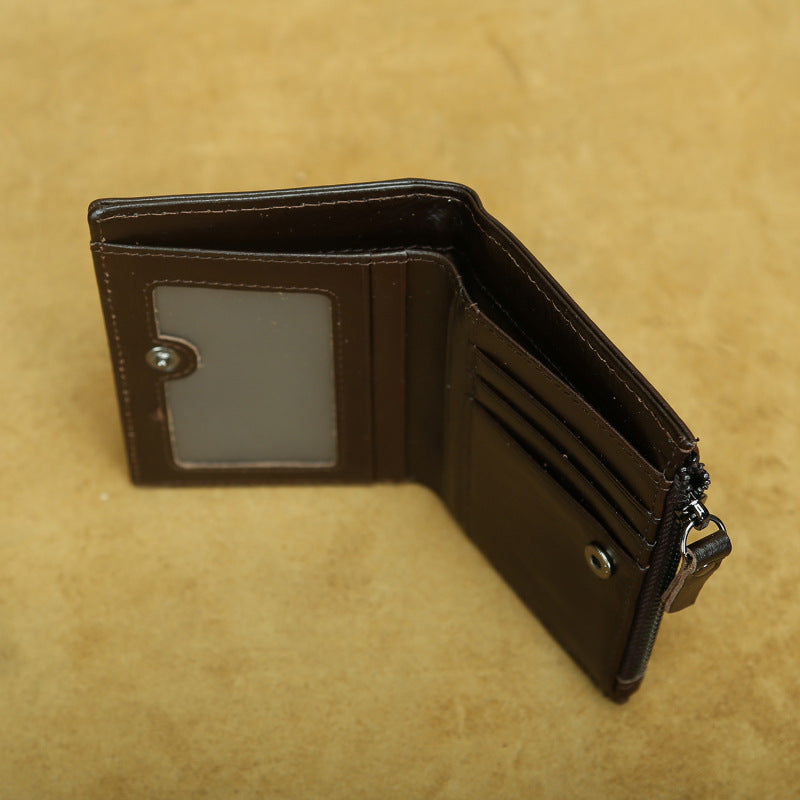 Shikangxin Vintage Genuine Leather Wallet Men's Short Wallet Multifunctional Zipper Bag Casual Oil Wax Cowhide Wallet