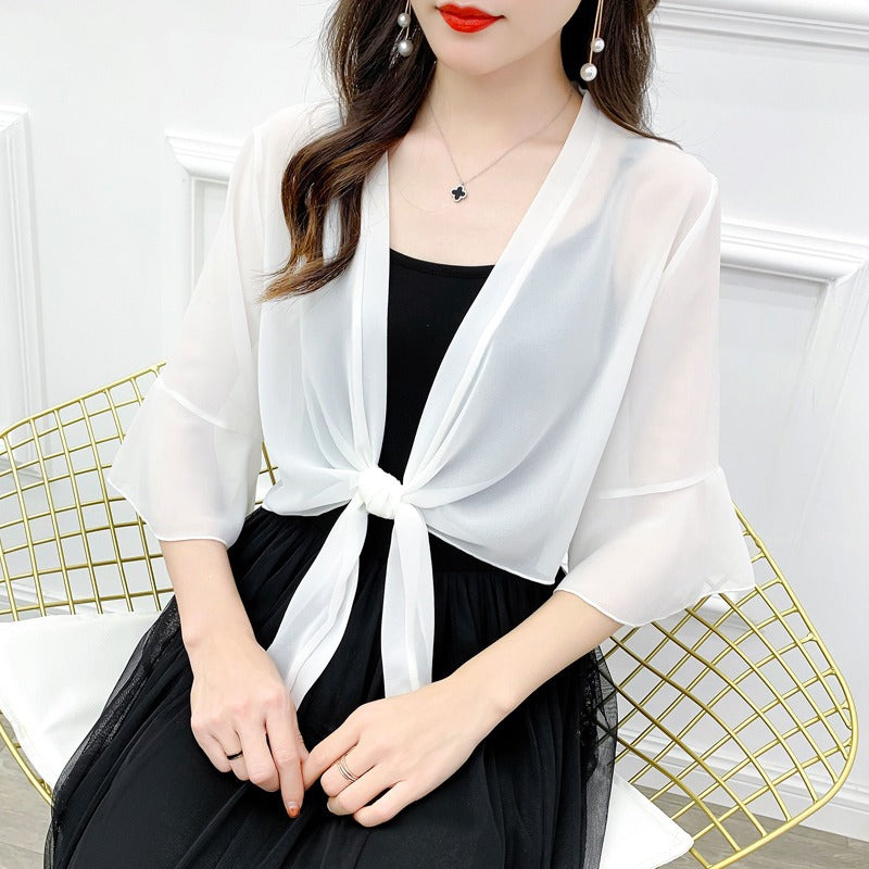 Sunscreen Cardigan Women's Spring and Summer Shawl Outer Blouse Thin Jacket with Sling Skirt Chiffon Small Waistcoat