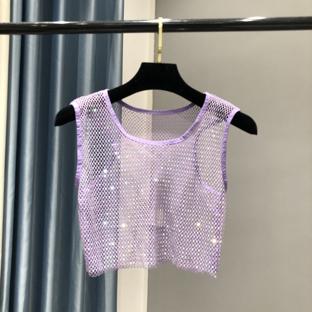 Summer new net diamond crystal I-shaped vest AB colored diamond short version party bling shiny exposed waist top